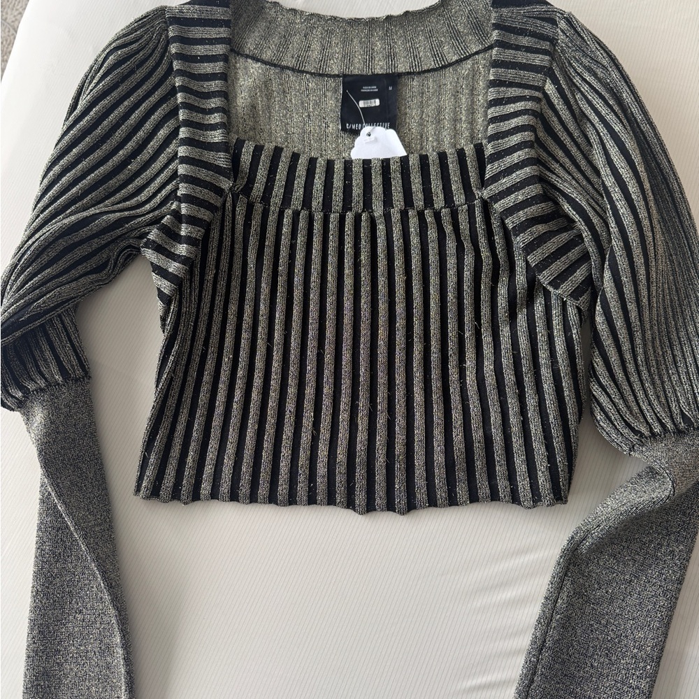 C/MEO Collective Black and Gray Striped Crop Top